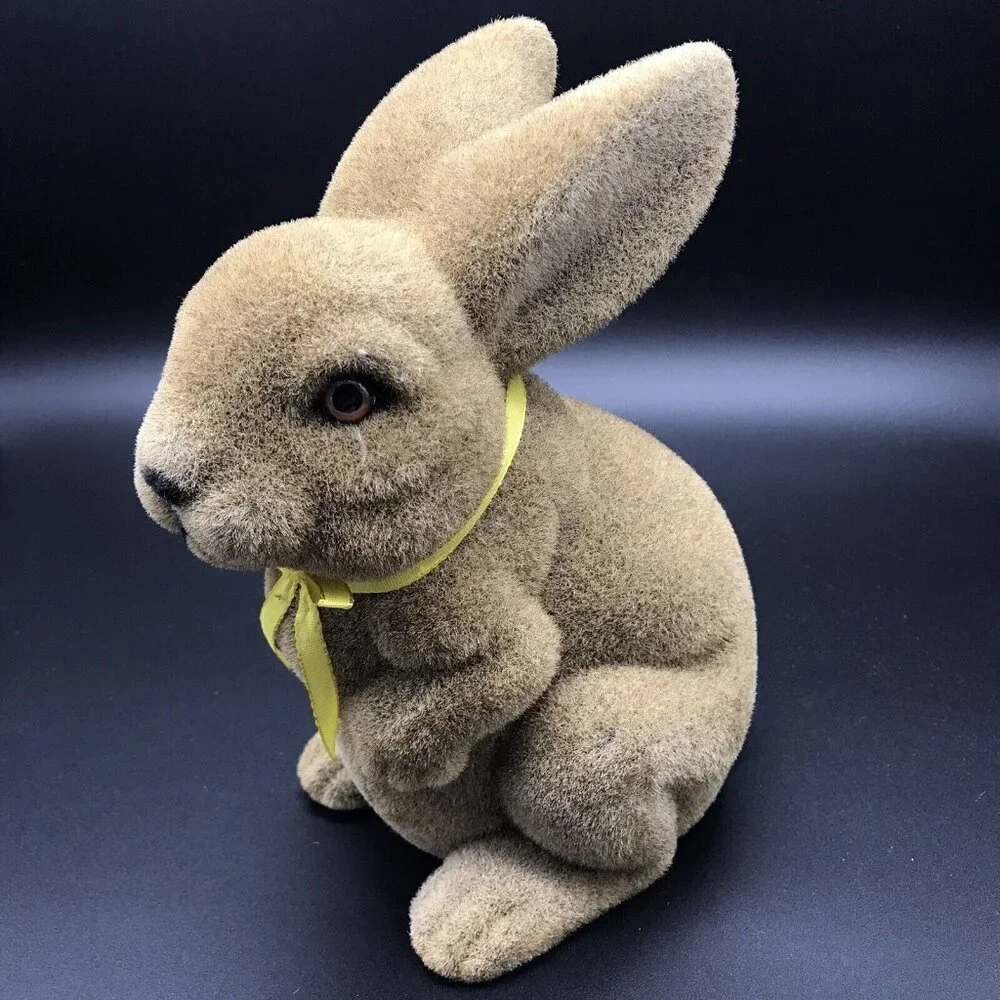 Vintage Flocked Rabbit Bunny Figure Brown Yellow Bow Easter Spring 8